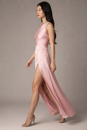 Sexy One-shoulder Backless Slit Dress Summer Elegant Slim-fit Solid Color Satin Dresses For Women — Pink — AI-generated studio left-side walking view