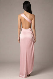 Sexy One-shoulder Backless Slit Dress Summer Elegant Slim-fit Solid Color Satin Dresses For Women — Pink — AI-generated studio back view