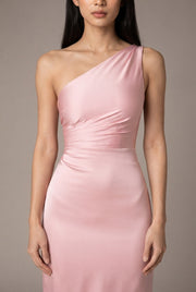Sexy One-shoulder Backless Slit Dress Summer Elegant Slim-fit Solid Color Satin Dresses For Women — Pink — AI-generated studio bodice detail