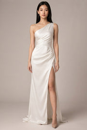 Sexy One-shoulder Backless Slit Dress Summer Elegant Slim-fit Solid Color Satin Dresses For Women — White — AI-generated studio front view