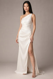 Sexy One-shoulder Backless Slit Dress Summer Elegant Slim-fit Solid Color Satin Dresses For Women — White — AI-generated studio three-quarter view