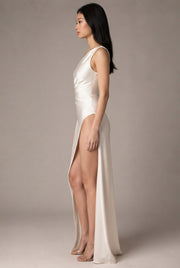 Sexy One-shoulder Backless Slit Dress Summer Elegant Slim-fit Solid Color Satin Dresses For Women — White — AI-generated studio right-side profile