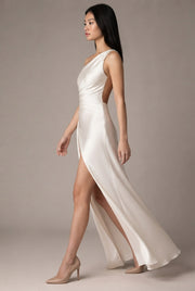 Sexy One-shoulder Backless Slit Dress Summer Elegant Slim-fit Solid Color Satin Dresses For Women — White — AI-generated studio left-side walking view