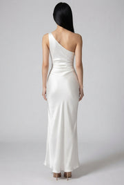 Sexy One-shoulder Backless Slit Dress Summer Elegant Slim-fit Solid Color Satin Dresses For Women — White — AI-generated studio back view