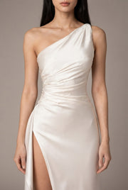 Sexy One-shoulder Backless Slit Dress Summer Elegant Slim-fit Solid Color Satin Dresses For Women — White — AI-generated studio bodice detail
