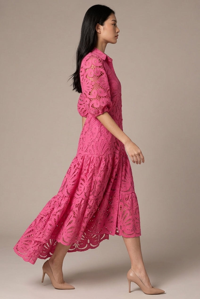 Shirt Sexy Cutout Water Soluble Lace Flower Dress — AI-generated studio left-side walking view
