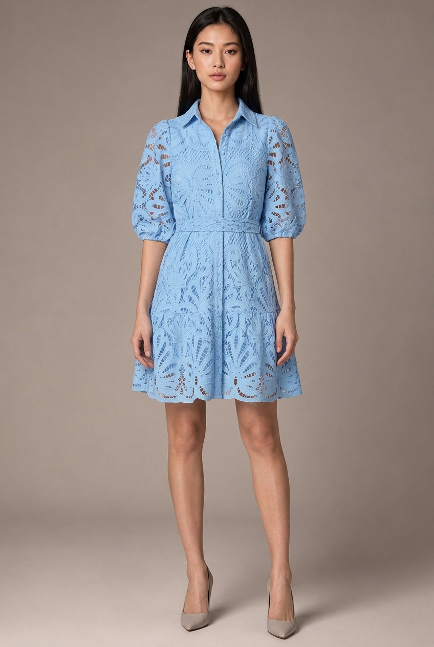 Romy Lace Mini Dress — Light Blue — AI-generated studio front view