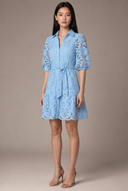 Romy Lace Mini Dress — Light Blue — AI-generated studio three-quarter view