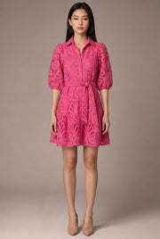 Romy Lace Mini Dress — Rose Red — AI-generated studio front view