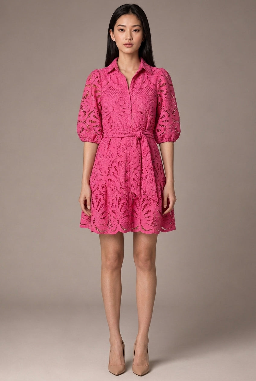 Romy Lace Mini Dress — Rose Red — AI-generated studio front view