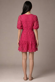 Romy Lace Mini Dress — Rose Red — AI-generated studio back view