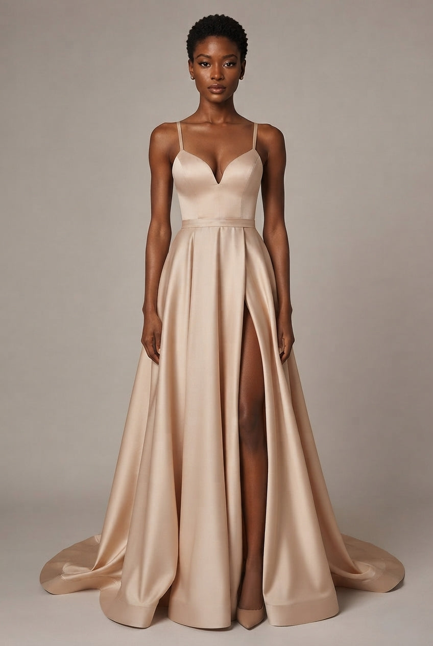 Slimming Color Slip Dress With A Trailing Satin Evening Gown For Banquets — Apricot — AI-generated studio front view
