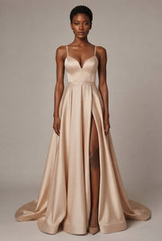 Slimming Color Slip Dress With A Trailing Satin Evening Gown For Banquets — Apricot — AI-generated studio front view