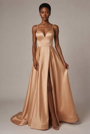 Slimming Color Slip Dress With A Trailing Satin Evening Gown For Banquets — Apricot — AI-generated studio three-quarter view