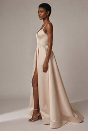 Slimming Color Slip Dress With A Trailing Satin Evening Gown For Banquets — Apricot — AI-generated studio right-side profile