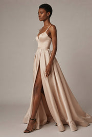 Slimming Color Slip Dress With A Trailing Satin Evening Gown For Banquets — Apricot — AI-generated studio left-side walking view