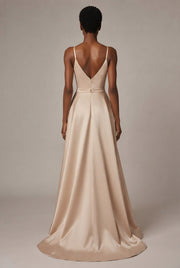 Slimming Color Slip Dress With A Trailing Satin Evening Gown For Banquets — Apricot — AI-generated studio back view