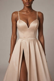 Slimming Color Slip Dress With A Trailing Satin Evening Gown For Banquets — Apricot — AI-generated studio bodice detail