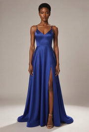 Slimming Color Slip Dress With A Trailing Satin Evening Gown For Banquets — Blue — AI-generated studio front view