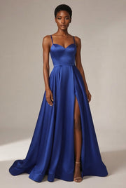 Slimming Color Slip Dress With A Trailing Satin Evening Gown For Banquets — Blue — AI-generated studio three-quarter view