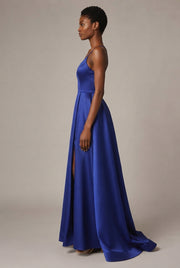 Slimming Color Slip Dress With A Trailing Satin Evening Gown For Banquets — Blue — AI-generated studio right-side profile