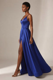Slimming Color Slip Dress With A Trailing Satin Evening Gown For Banquets — Blue — AI-generated studio left-side walking view