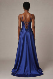 Slimming Color Slip Dress With A Trailing Satin Evening Gown For Banquets — Blue — AI-generated studio back view
