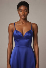 Slimming Color Slip Dress With A Trailing Satin Evening Gown For Banquets — Blue — AI-generated studio bodice detail