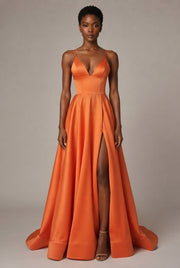 Slimming Color Slip Dress With A Trailing Satin Evening Gown For Banquets — Orange — AI-generated studio front view