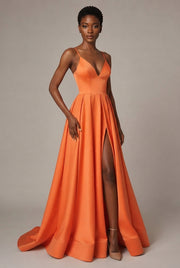 Slimming Color Slip Dress With A Trailing Satin Evening Gown For Banquets — Orange — AI-generated studio three-quarter view