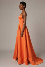 Slimming Color Slip Dress With A Trailing Satin Evening Gown For Banquets — Orange — AI-generated studio right-side profile