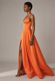 Slimming Color Slip Dress With A Trailing Satin Evening Gown For Banquets — Orange — AI-generated studio left-side walking view