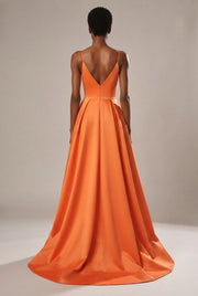 Slimming Color Slip Dress With A Trailing Satin Evening Gown For Banquets — Orange — AI-generated studio back view