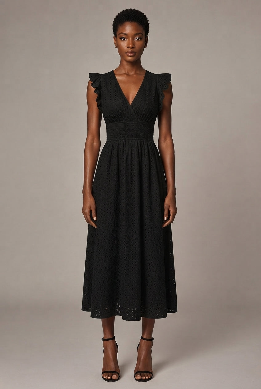 V-Neck Eyelet Embroidery Ruffle Sleeve Smocked Waist Midi Dress, Casual A-Line Summer Dress For Vacation — Black — AI-generated studio front view