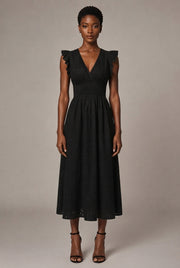 V-Neck Eyelet Embroidery Ruffle Sleeve Smocked Waist Midi Dress, Casual A-Line Summer Dress For Vacation — Black — AI-generated studio front view