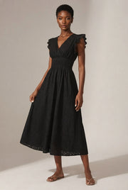 V-Neck Eyelet Embroidery Ruffle Sleeve Smocked Waist Midi Dress, Casual A-Line Summer Dress For Vacation — Black — AI-generated studio three-quarter view