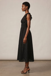 V-Neck Eyelet Embroidery Ruffle Sleeve Smocked Waist Midi Dress, Casual A-Line Summer Dress For Vacation — Black — AI-generated studio right-side profile