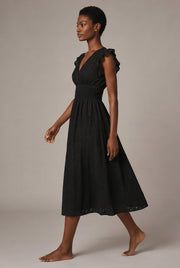 V-Neck Eyelet Embroidery Ruffle Sleeve Smocked Waist Midi Dress, Casual A-Line Summer Dress For Vacation — Black — AI-generated studio left-side walking view