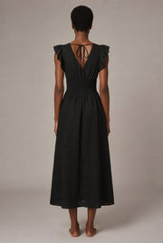 V-Neck Eyelet Embroidery Ruffle Sleeve Smocked Waist Midi Dress, Casual A-Line Summer Dress For Vacation — Black — AI-generated studio back view