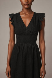 V-Neck Eyelet Embroidery Ruffle Sleeve Smocked Waist Midi Dress, Casual A-Line Summer Dress For Vacation — Black — AI-generated studio bodice detail