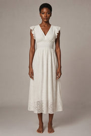 V-Neck Eyelet Embroidery Ruffle Sleeve Smocked Waist Midi Dress, Casual A-Line Summer Dress For Vacation — White — AI-generated studio front view