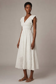 V-Neck Eyelet Embroidery Ruffle Sleeve Smocked Waist Midi Dress, Casual A-Line Summer Dress For Vacation — White — AI-generated studio three-quarter view