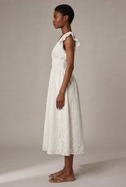 V-Neck Eyelet Embroidery Ruffle Sleeve Smocked Waist Midi Dress, Casual A-Line Summer Dress For Vacation — White — AI-generated studio right-side profile