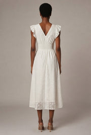 V-Neck Eyelet Embroidery Ruffle Sleeve Smocked Waist Midi Dress, Casual A-Line Summer Dress For Vacation — White — AI-generated studio back view