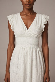 V-Neck Eyelet Embroidery Ruffle Sleeve Smocked Waist Midi Dress, Casual A-Line Summer Dress For Vacation — White — AI-generated studio bodice detail