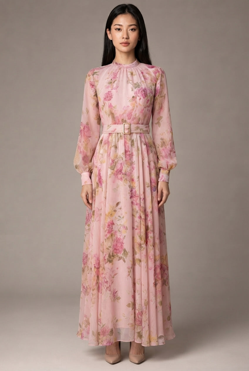 Waist-cinching Lace-up Elegant Chic Maxi Dress — Pink — AI-generated studio front view