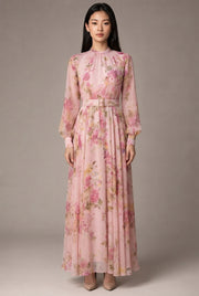 Waist-cinching Lace-up Elegant Chic Maxi Dress — Pink — AI-generated studio front view