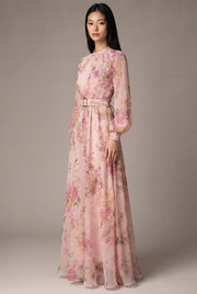Waist-cinching Lace-up Elegant Chic Maxi Dress — Pink — AI-generated studio three-quarter view