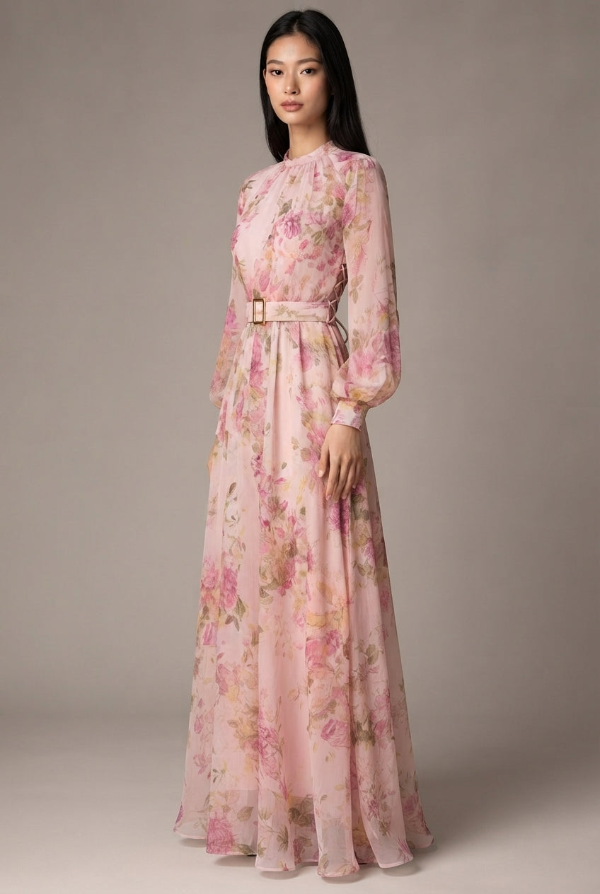 Waist-cinching Lace-up Elegant Chic Maxi Dress — Pink — AI-generated studio three-quarter view