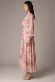 Waist-cinching Lace-up Elegant Chic Maxi Dress — Pink — AI-generated studio right-side profile